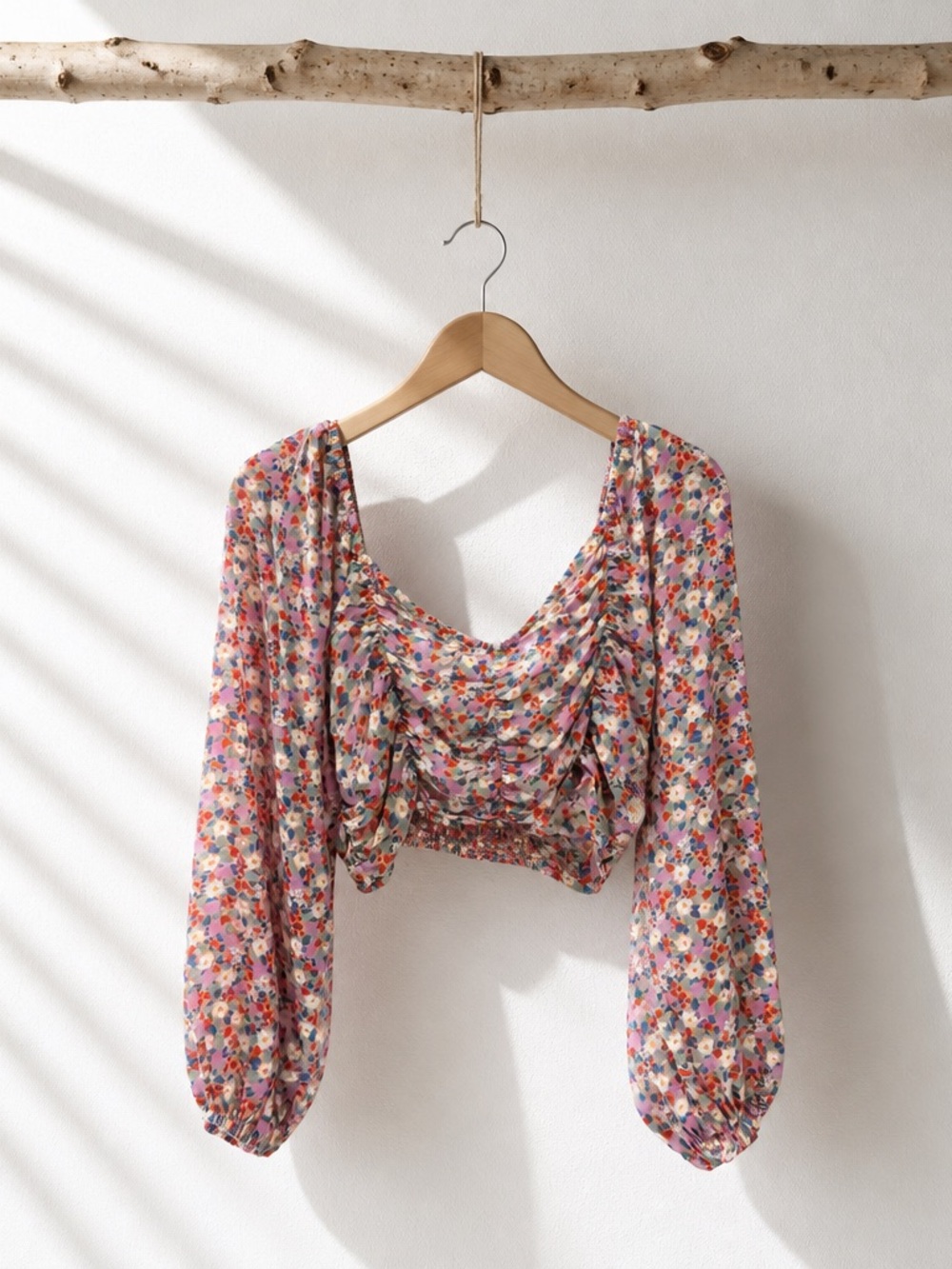 Billabong Multi-Color Floral Ruched Long-Sleeve Crop Top